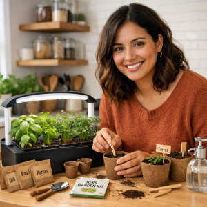 realistic photo, indoor herb garden kit for beginners